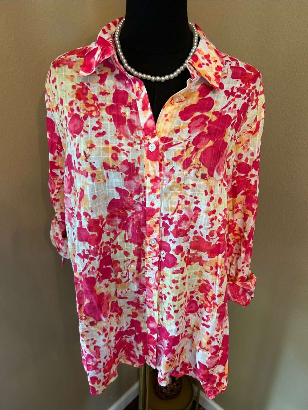 White Stag Coral Pink and Yellow Watercolor Button-Up 100%Cotton